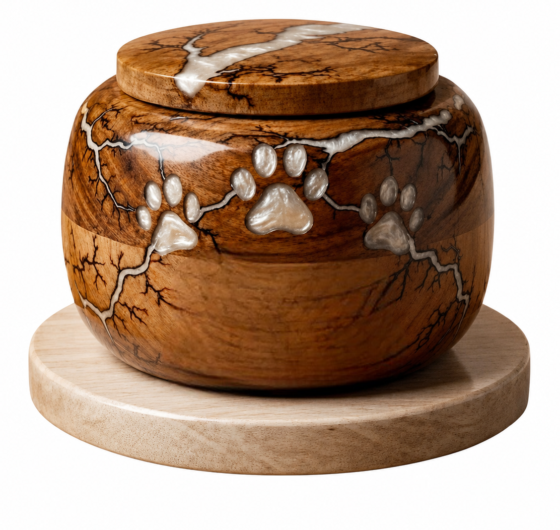 Personalized Round Wooden Pet Cremation Urn with Paw Print Design |