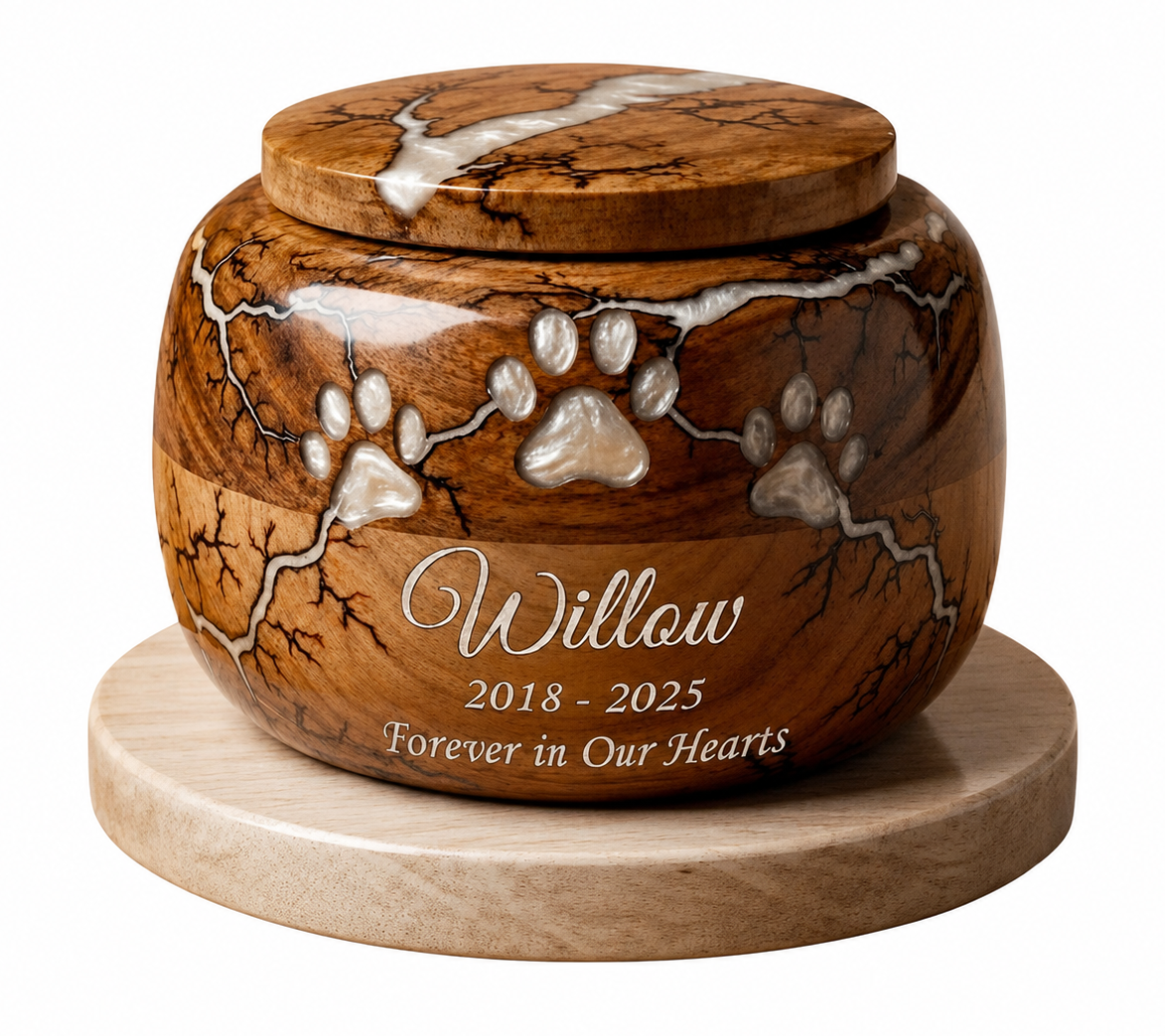 Personalized Round Wooden Pet Cremation Urn with Paw Print Design