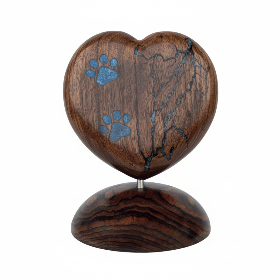 Heart Shaped Wooden Pet Memorial Urn with Blue Paw Print Design