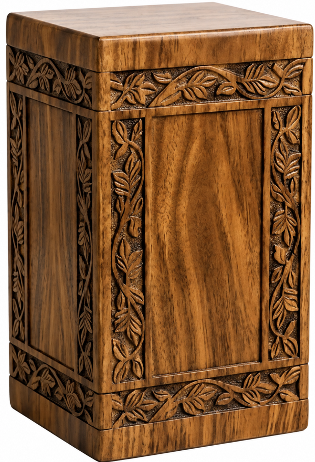 Carved Leaf & Vine Wooden Cremation Urn