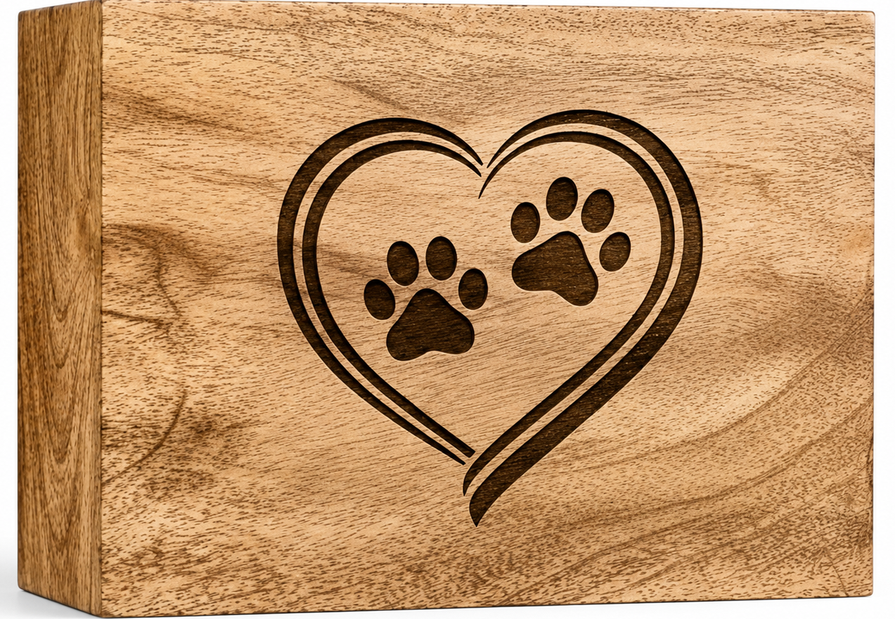 Wooden Heart & Paw Prints Engraved Pet Urn