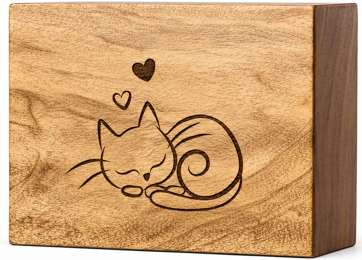Sleeping Cat Engraved with Heart Design Wooden Cremation Urn