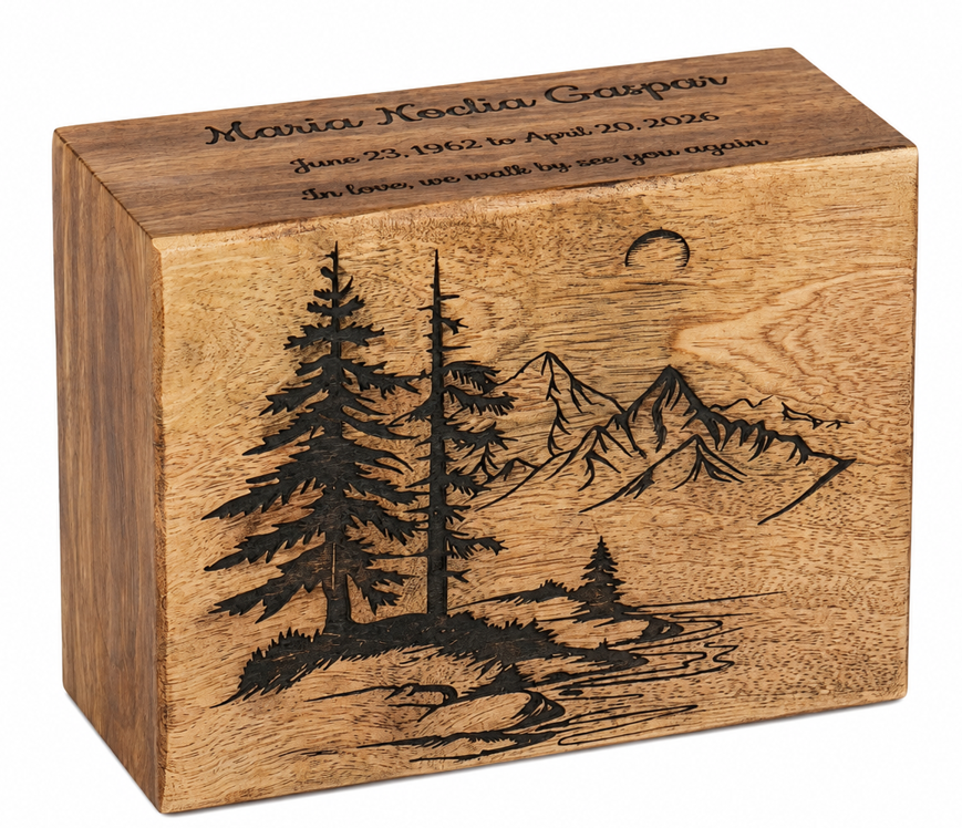 Mountain Lake & Pine Trees Engraved Wooden Urn