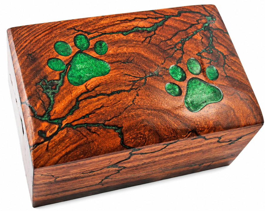 Lichtenberg Fractal Pet Wooden Urn with Green Glitter Paw Prints
