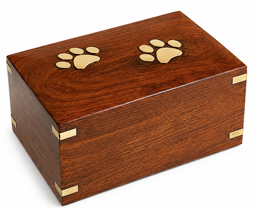 Brass Paw Print Inlay Rosewood-Style Wooden Cremation Urn