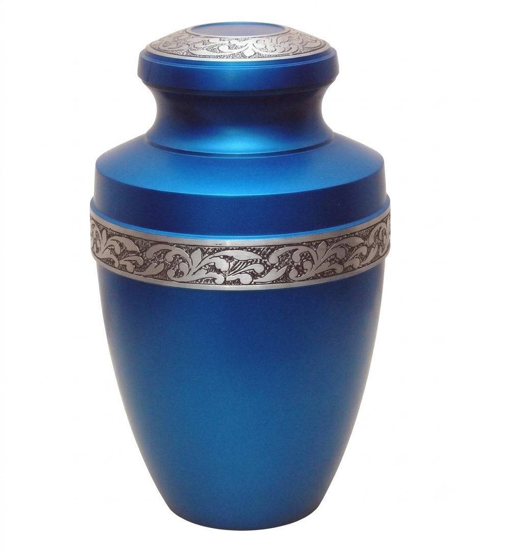 Royal Blue Cremation Urn with Engraved Silver Floral Band