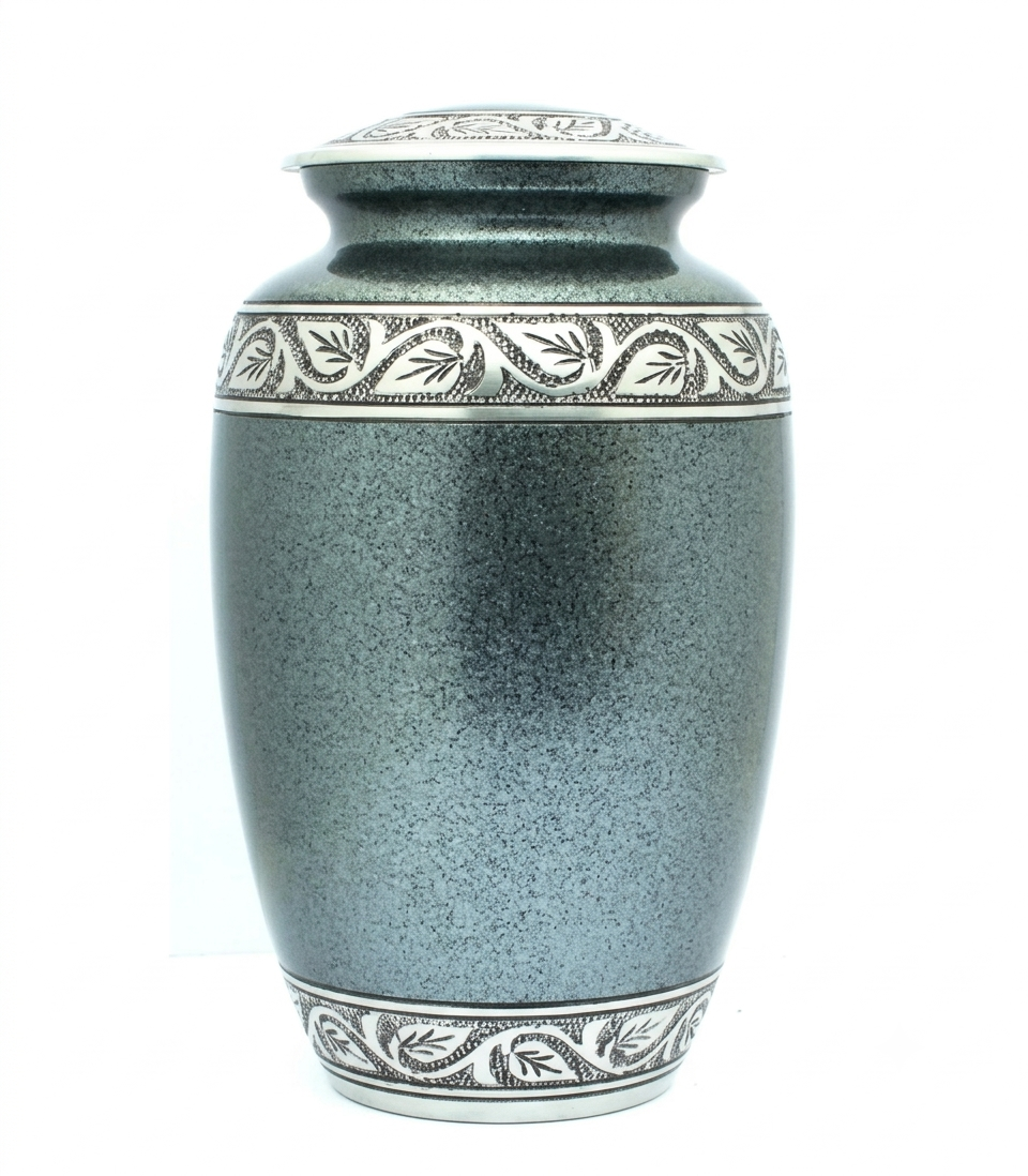 Granite Grey Cremation Urn with Engraved Silver Leaf Bands