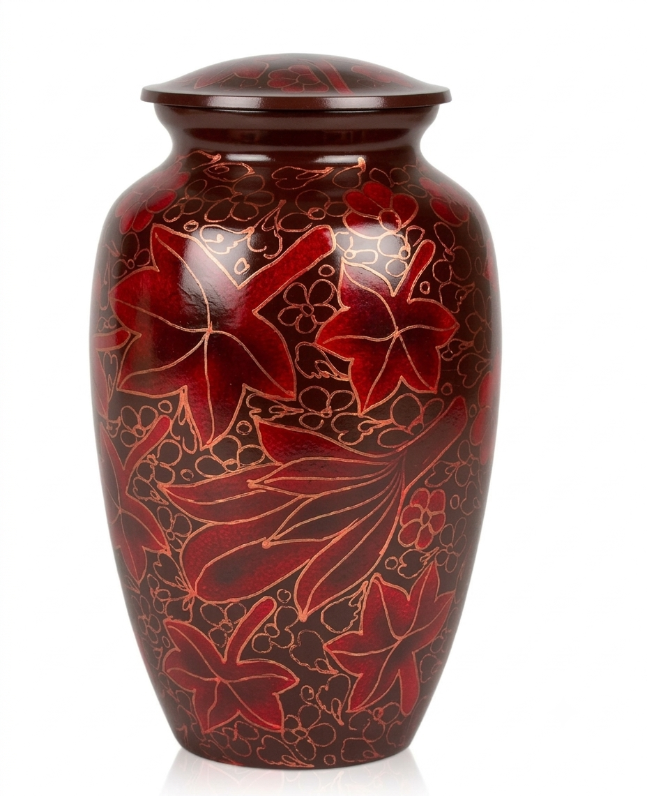 Burgundy Red Floral Cremation Urn with Engraved Copper Leaf Design