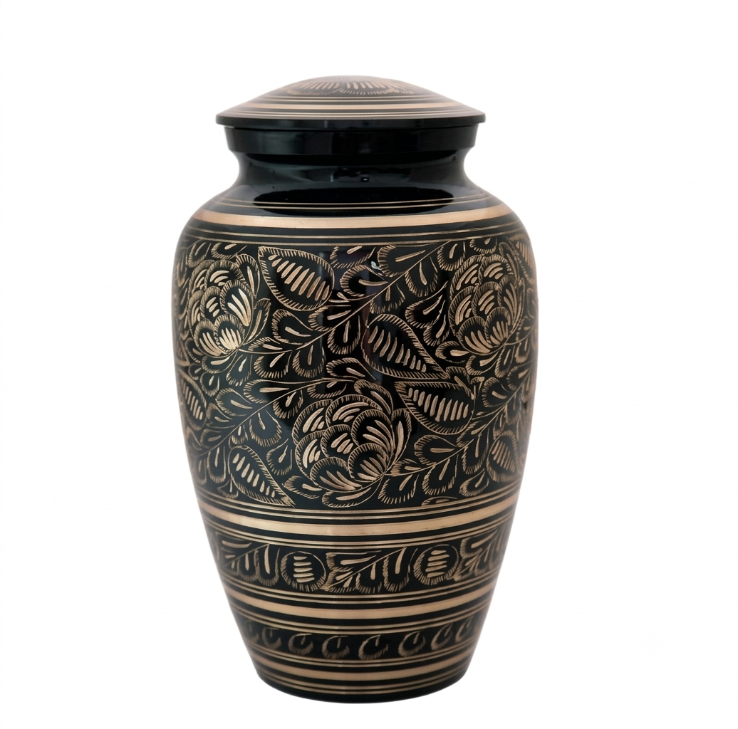 Black & Gold Engraved Floral Cremation Urn