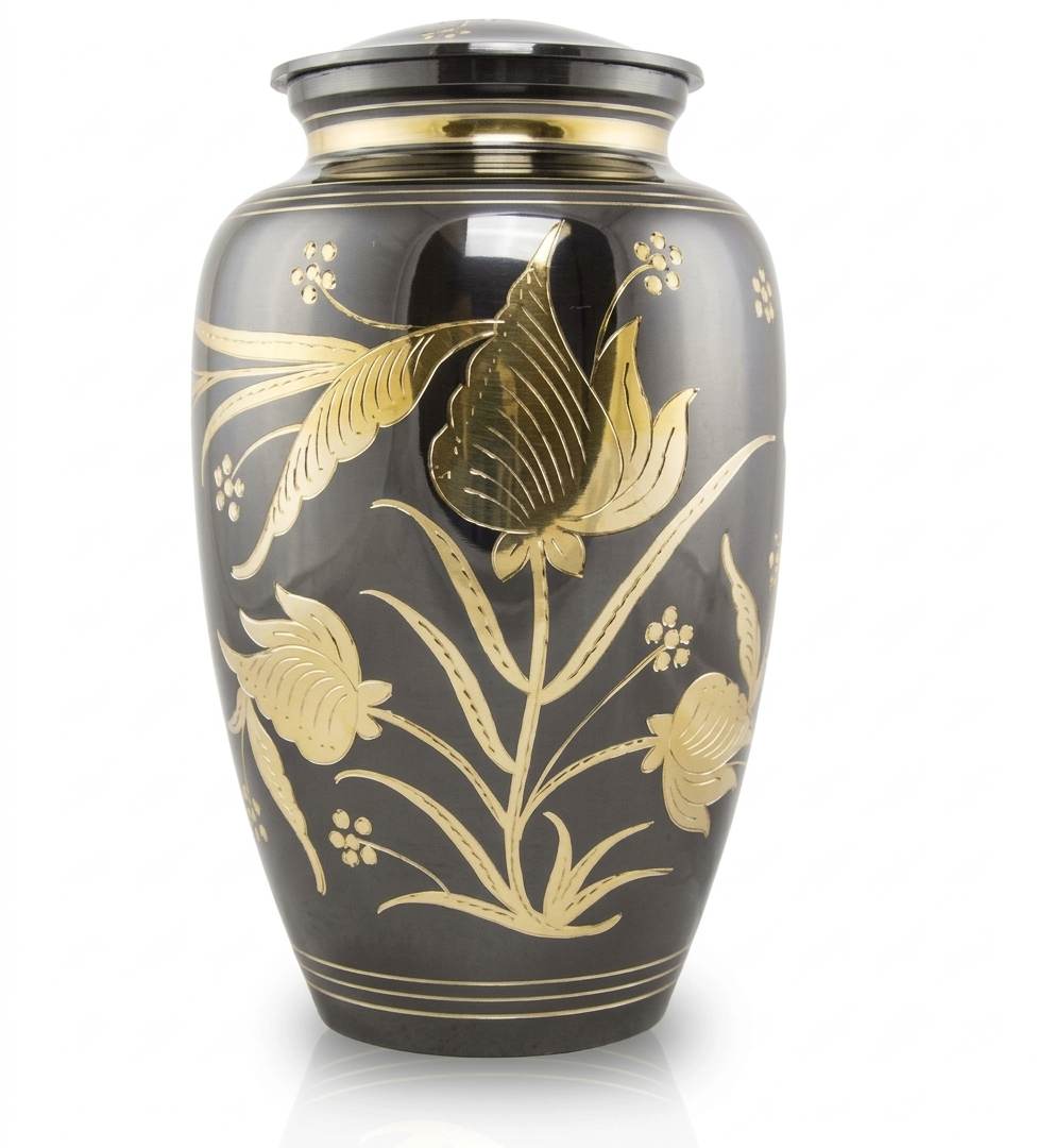 Gunmetal Grey Cremation Urn with Engraved Gold Tulips