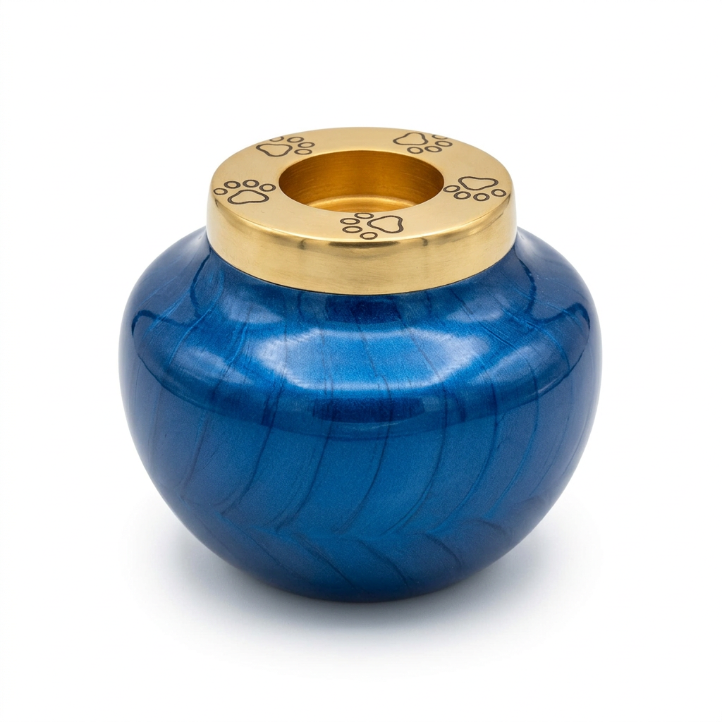 Blue Metal Pet Cremation Urn with Paw Engraved Tealight