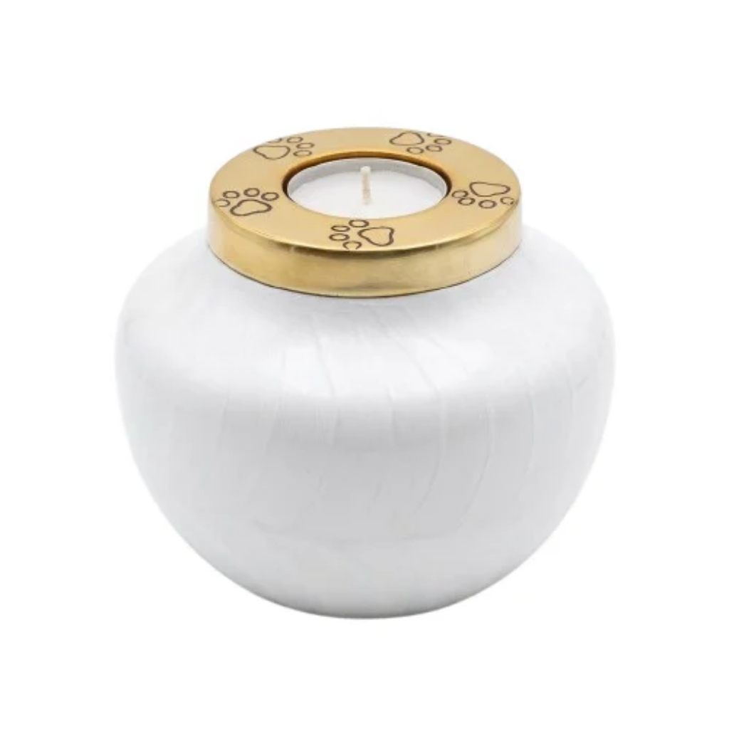 White Metal Pet Cremation Urn with Paw Engraved Tealight