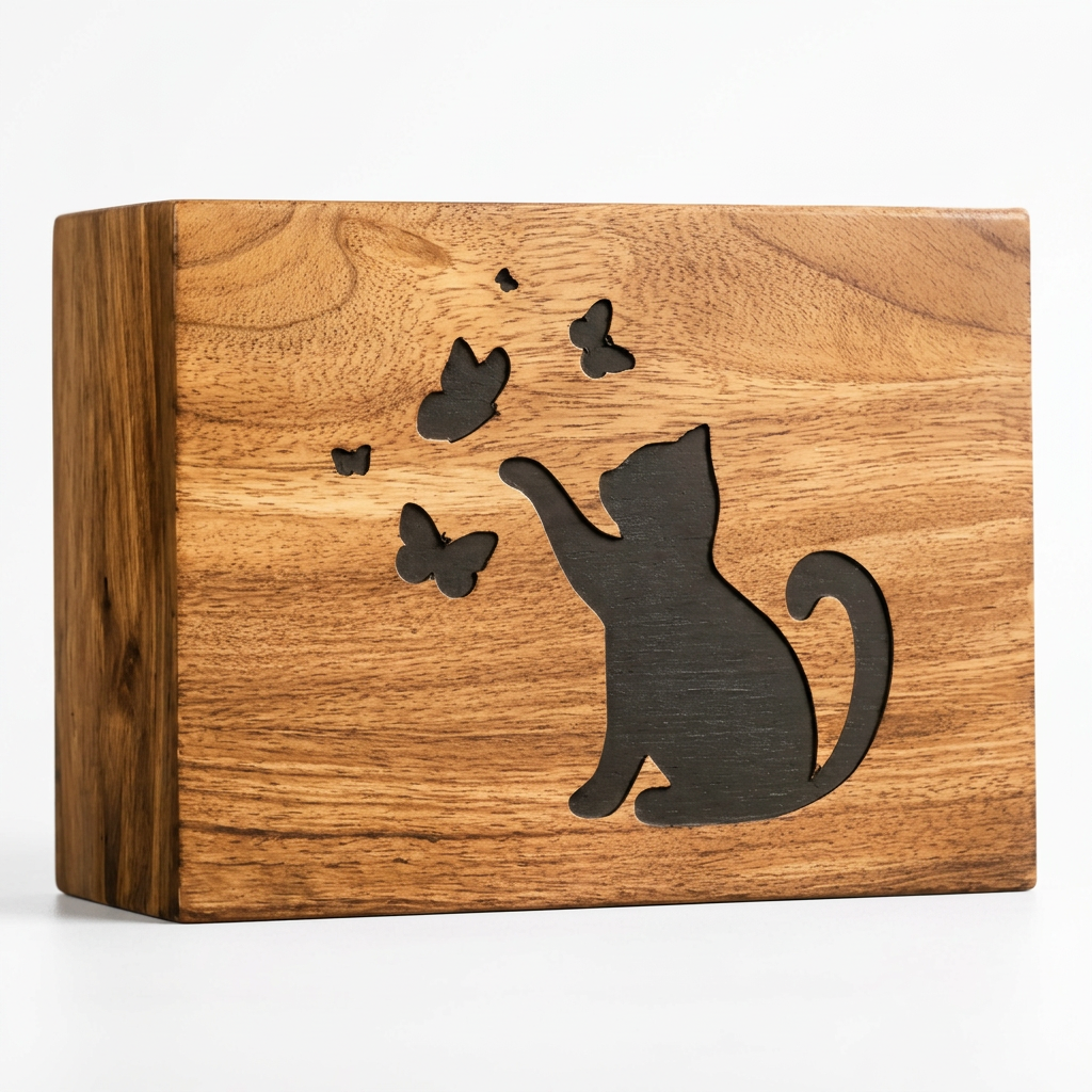 Playful Cat & Butterflies Pet Urn: Wooden Cremation Urn
