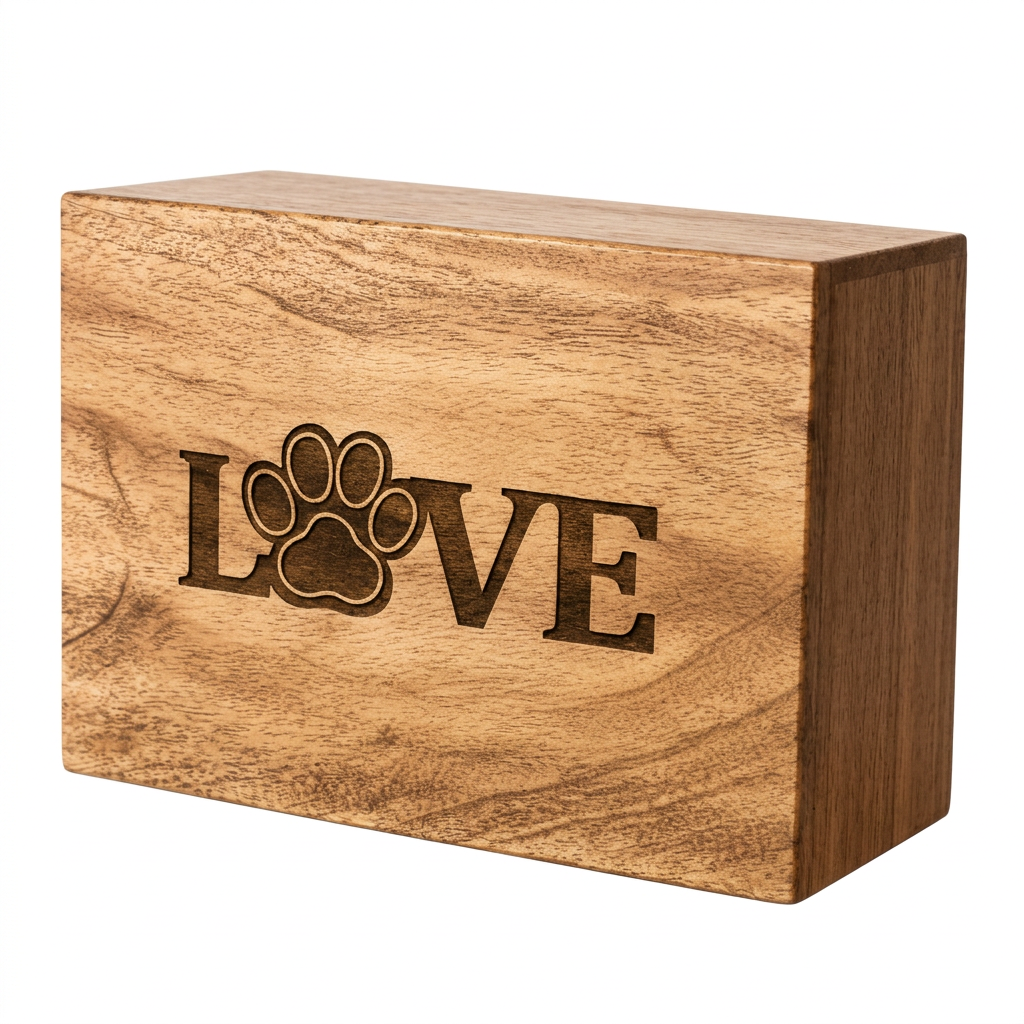 LOVE Paw Print Pet Urn: Engraved Wooden Cremation Urn