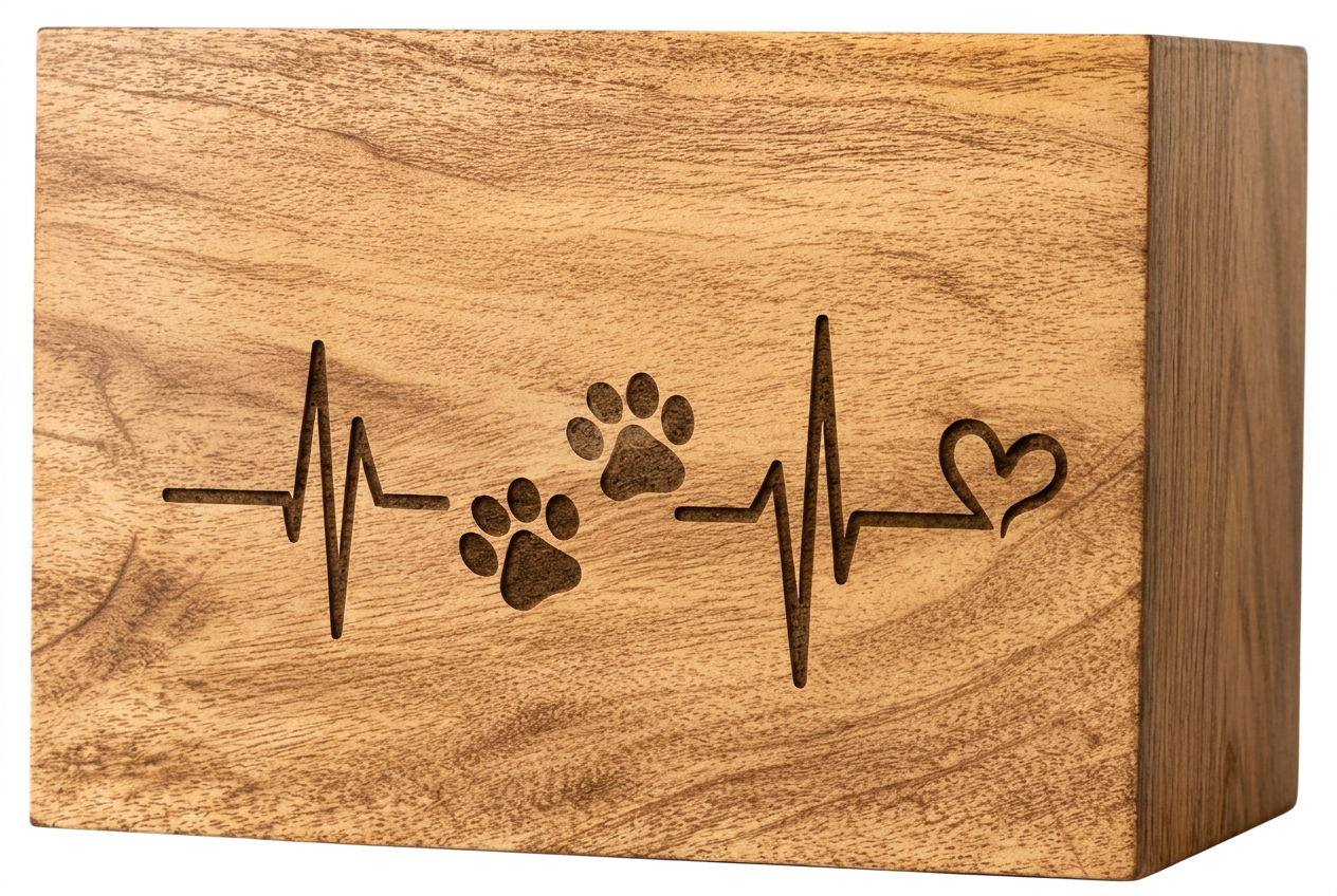 Heartbeat Paw Print Pet Urn: Engraved Wooden Cremation Urn