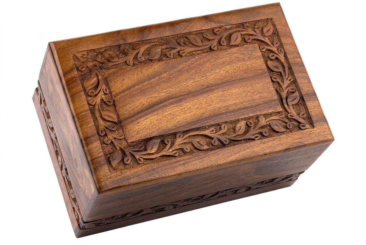 Carved Leaf Border Wooden Urn: Cremation Urn